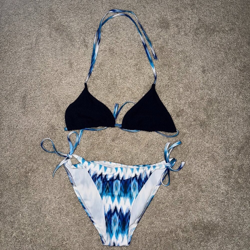 NWOT Blue Ikat & Crochet Triangle Bikini Set Size Small - Boho Swimwear NEW